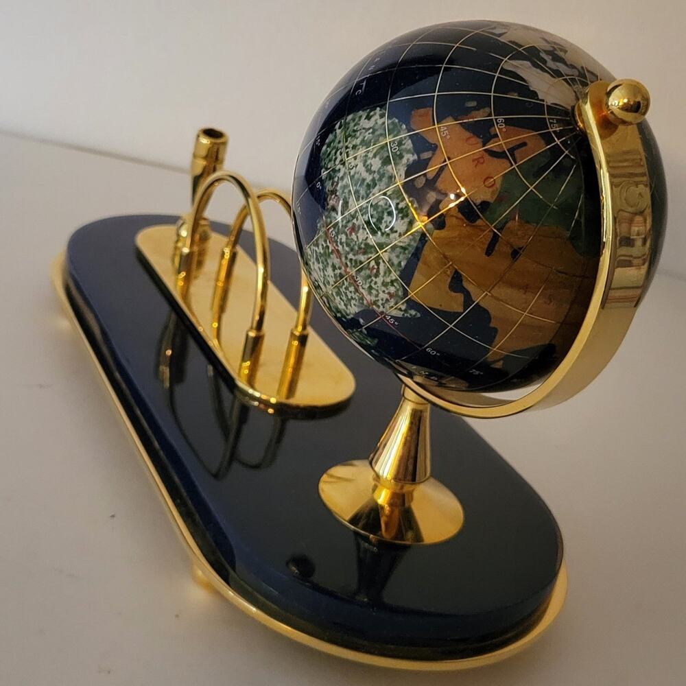 Vintage Semi-Precious Gemstone Blue Globe Business Card & Pen Holder Desk Set